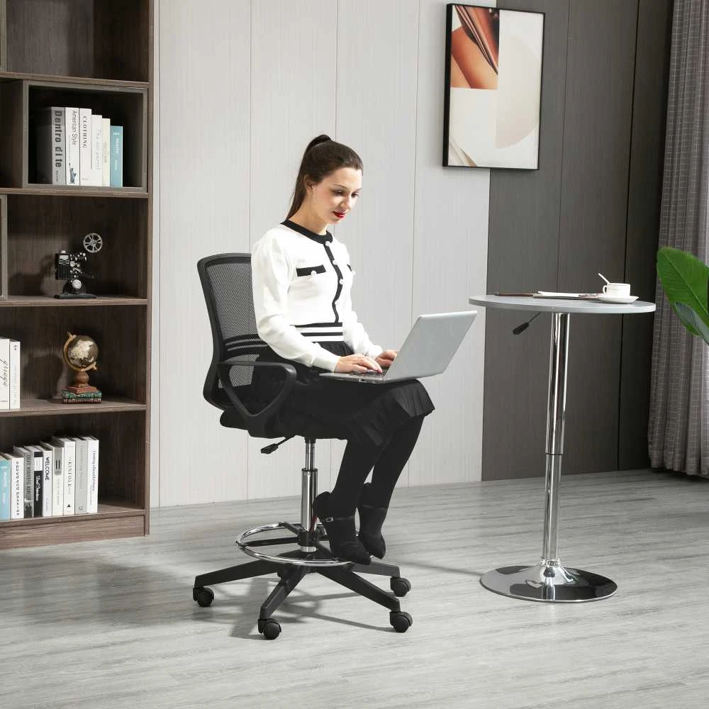 Vinsetto darbo kėdė, ergonomiška sukamoji kėdė, biuro kėdė, reguliuojamo aukščio stovimoji kėdė, kojų atrama, metalas, juoda, 59,5x60x102,5–126 cm