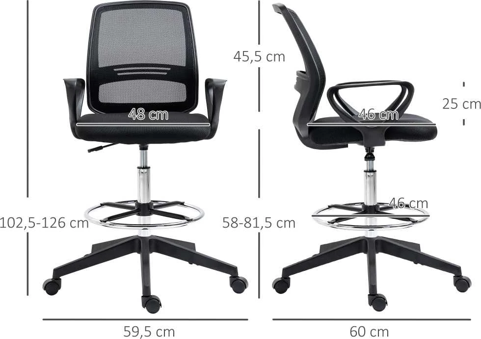 Vinsetto darbo kėdė, ergonomiška sukamoji kėdė, biuro kėdė, reguliuojamo aukščio stovimoji kėdė, kojų atrama, metalas, juoda, 59,5x60x102,5–126 cm