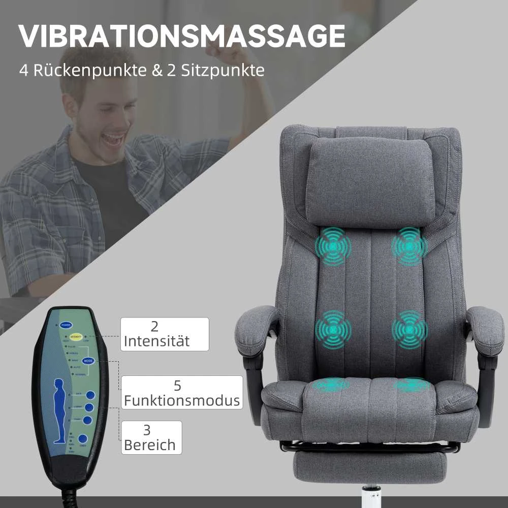 Vinsetto biuro kėdė su 5 masažo režimais, ergonomiška darbo kėdė su atsilenkimo funkcija, reguliuojamu aukščiu, kojų atrama, lino imitacijos, pilka