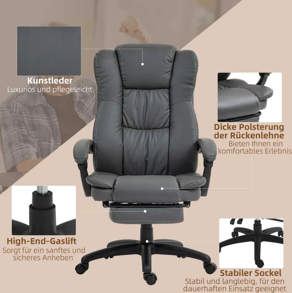 Vinsetto biuro kėdė, vadovo kėdė, pasukama kėdė, reguliuojamo aukščio, su kojų atrama, galvos atrama, ergonomiška kėdė, vibruojanti, darbo kėdė su atlošimo funkcija, masažo funkcija, dirbtinė oda, tamsiai pilka, 68,5x68,5x113-121 cm
