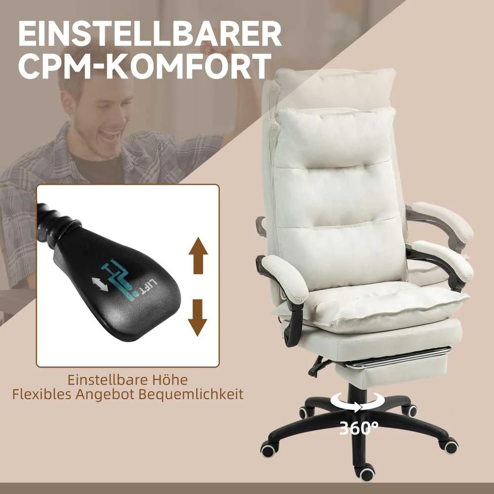 "Vinsetto" biuro kėdė su 6 taškų masažu, ergonomiška žaidimų kėdė su atsilenkimo funkcija, reguliuojamo aukščio vadovo kėdė su atrama kojoms, 120 kg keliamoji galia, skirta studijoms, biurui, kreminės baltos spalvos