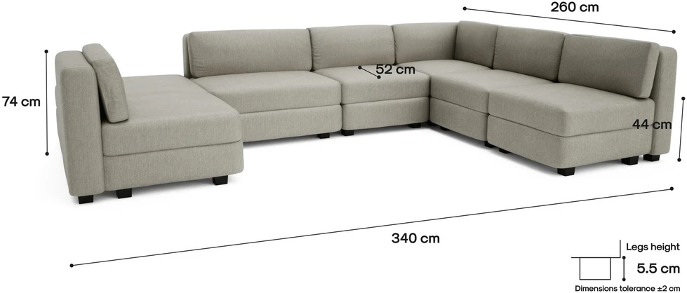 Citysofa U formos modulinė sofa GRACIA 160x340x230 cm - Smėlio pilka