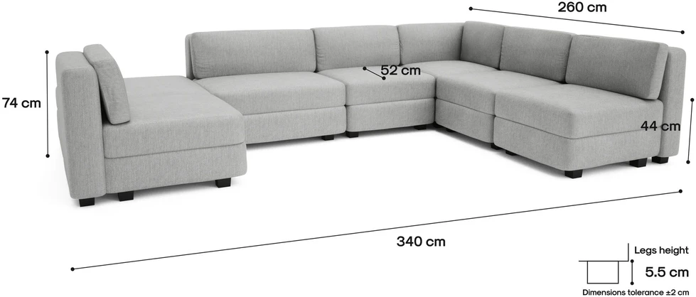 Citysofa U formos modulinė sofa GRACIA 160x340x230 cm - Pilka