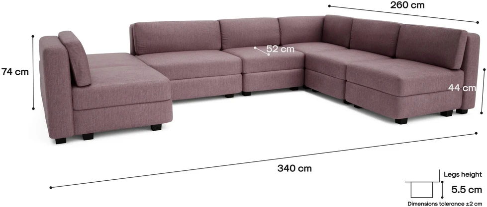Citysofa U formos modulinė sofa GRACIA 160x340x230 cm - Dulsvai rožinė