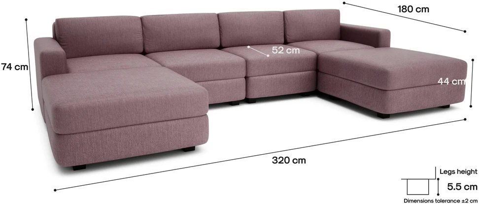 Citysofa U formos modulinė sofa GRACIA 180x320x180 cm - Dulsvai rožinė