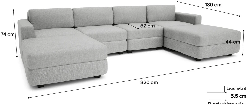 Citysofa U formos modulinė sofa GRACIA 180x320x180 cm - Pilka