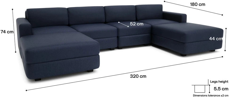 Citysofa U formos modulinė sofa GRACIA 180x320x180 cm - Tamsiai mėlyna