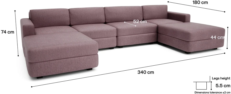 Citysofa U formos modulinė sofa GRACIA 180x340x180 cm - Dulsvai rožinė