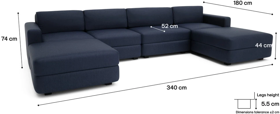 Citysofa U formos modulinė sofa GRACIA 180x340x180 cm - Tamsiai mėlyna