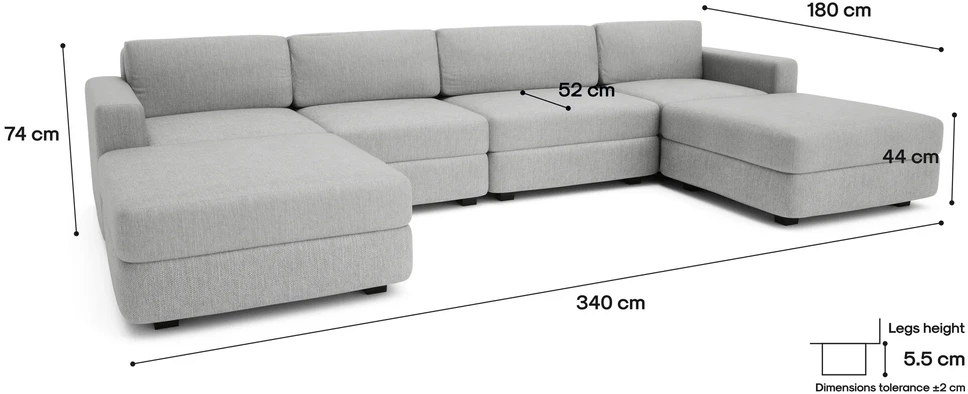 Citysofa U formos modulinė sofa GRACIA 180x340x180 cm - Pilka