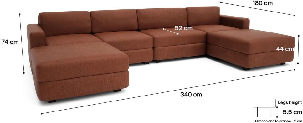 Citysofa U formos modulinė sofa GRACIA 180x340x180 cm - Terakota