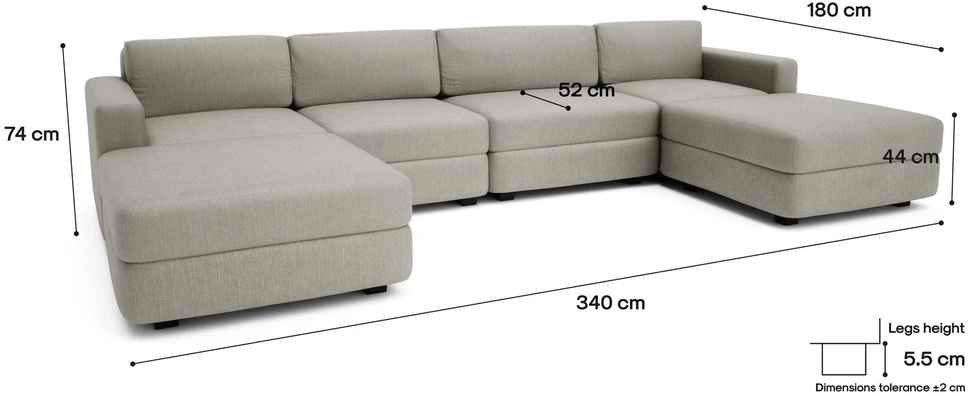 Citysofa U formos modulinė sofa GRACIA 180x340x180 cm - Smėlio pilka