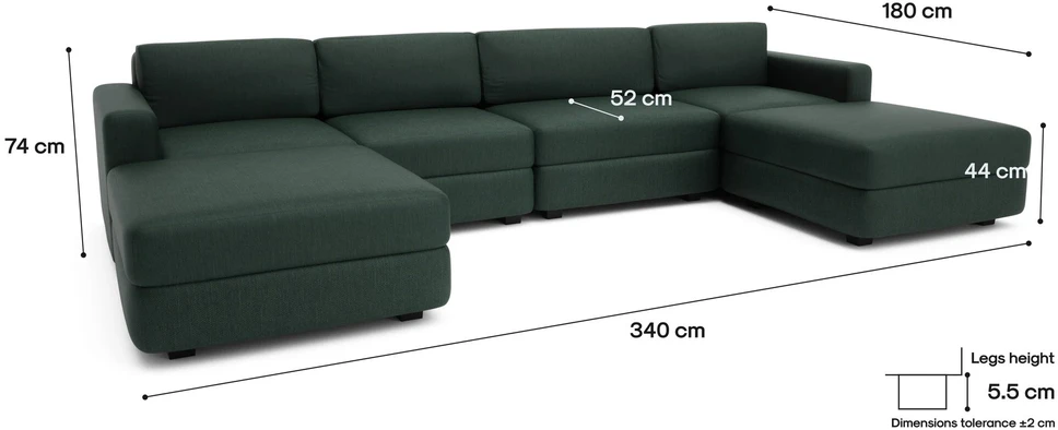 Citysofa U formos modulinė sofa GRACIA 180x340x180 cm - Žalia