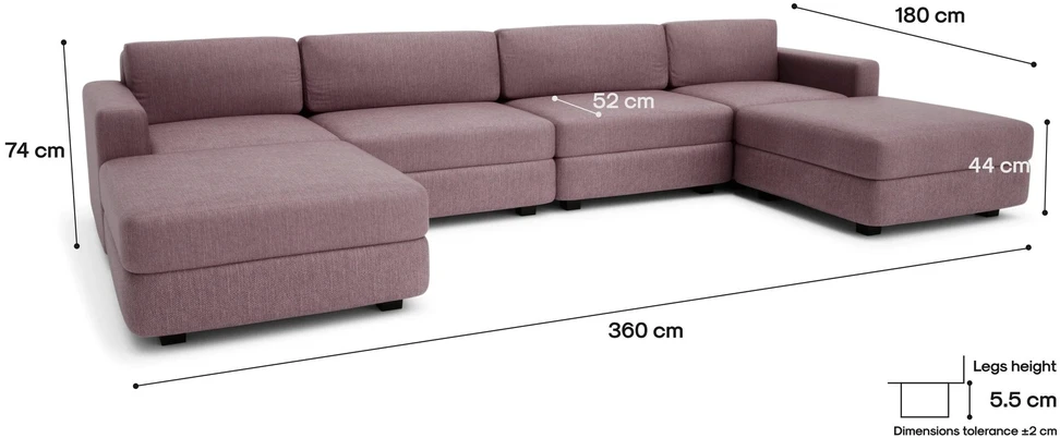 Citysofa U formos modulinė sofa GRACIA 180x360x180 cm - Dulsvai rožinė