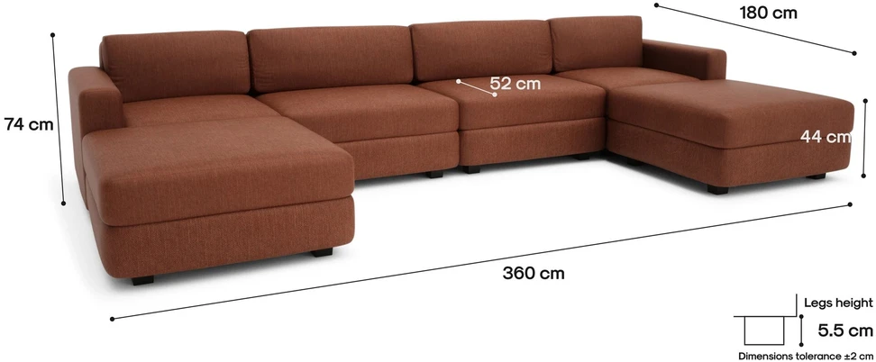 Citysofa U formos modulinė sofa GRACIA 180x360x180 cm - Terakota