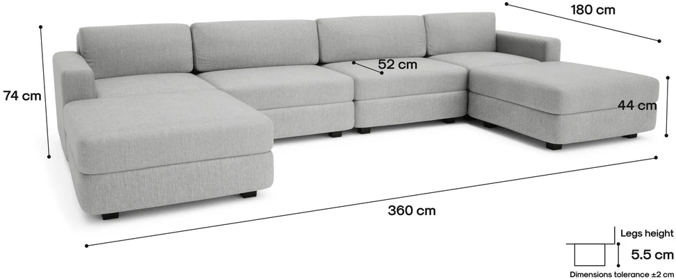 Citysofa U formos modulinė sofa GRACIA 180x360x180 cm - Pilka