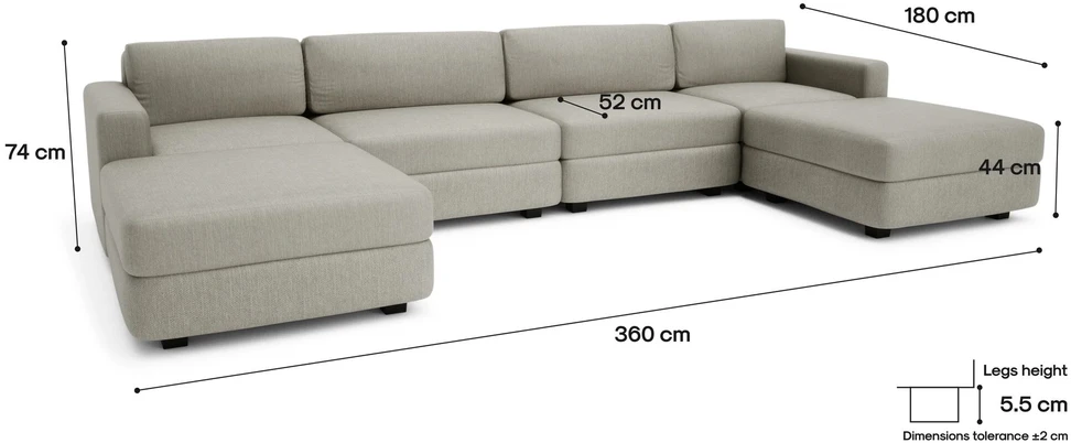 Citysofa U formos modulinė sofa GRACIA 180x360x180 cm - Smėlio pilka