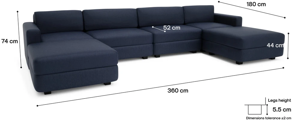 Citysofa U formos modulinė sofa GRACIA 180x360x180 cm - Tamsiai mėlyna