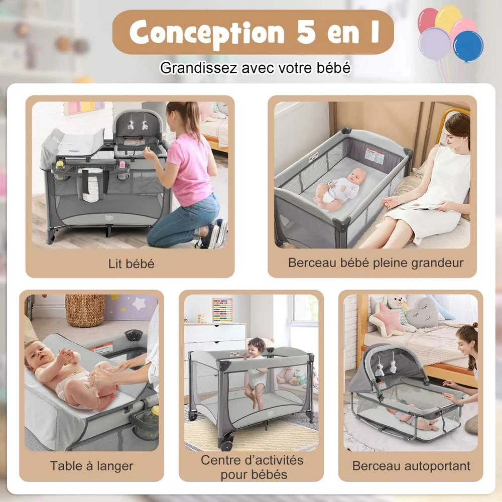 Promotions Kūdikių maniežas, 5 viename sulankstoma kelioninė lovytė su vystymo stalu ir lovyte, 110x78x78 cm, pilka