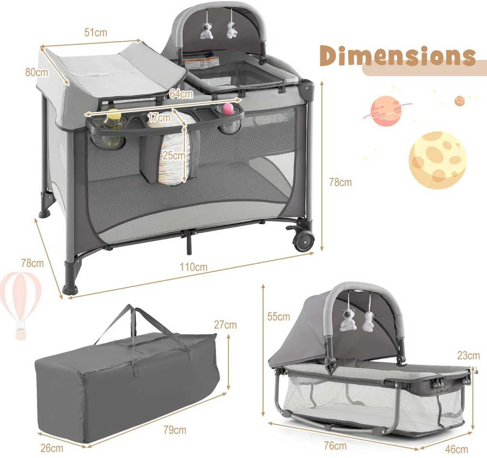Promotions Kūdikių maniežas, 5 viename sulankstoma kelioninė lovytė su vystymo stalu ir lovyte, 110x78x78 cm, pilka