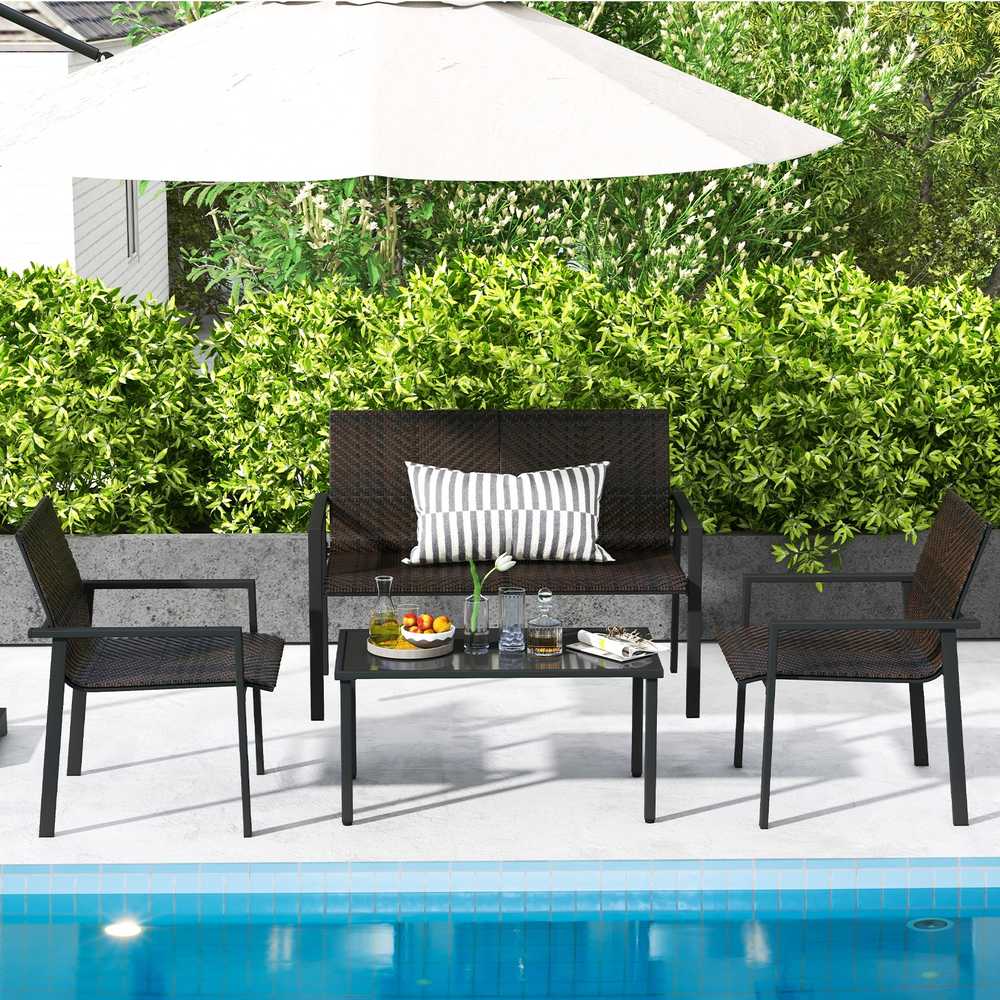 Lauko baldų komplektas Promotions Sodo baldų komplektas, 67,6x116,8x83,8 cm dvivietė sofa, 67,6x63,5x83,8 cm kėdės, 90,2x50,8x44,5 cm kavos staliukas, Ruda