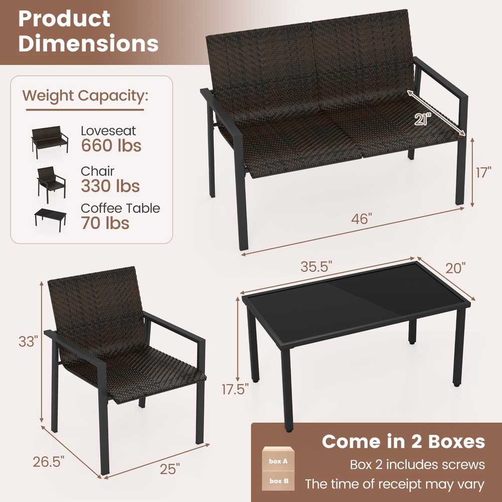 Lauko baldų komplektas Promotions Sodo baldų komplektas, 67,6x116,8x83,8 cm dvivietė sofa, 67,6x63,5x83,8 cm kėdės, 90,2x50,8x44,5 cm kavos staliukas, Ruda