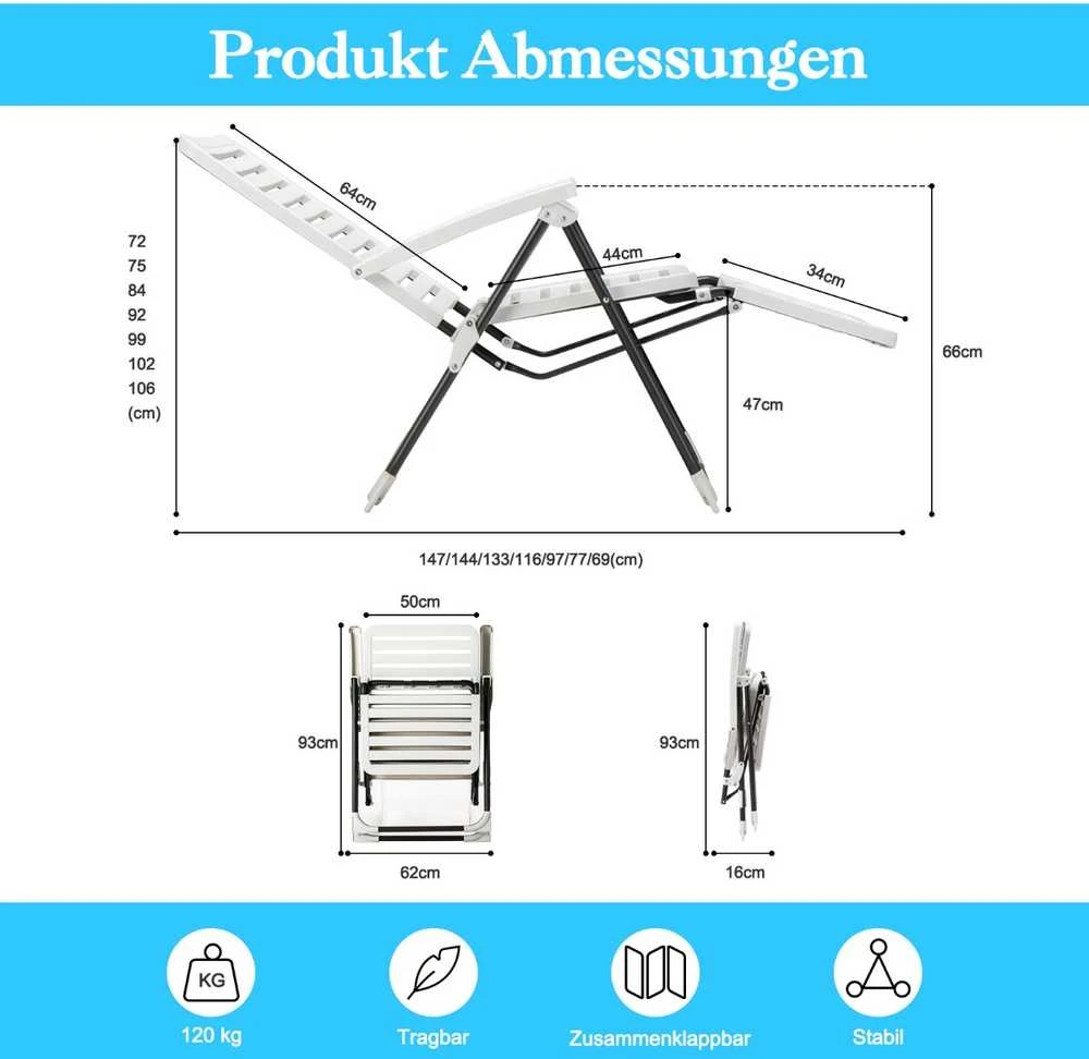 Promotions Lauko terasos kėdžių komplektas, reguliuojamas sulankstomas su pakoja, 147.3x62.2x72.4 cm, baltas