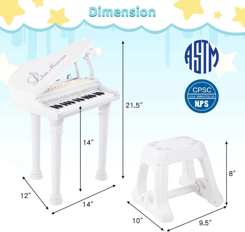 Promotions Vaikiškas pianino klaviatūros komplektas su kėdute ir mikrofonu, 35.6x30.5x54.6 cm, baltas