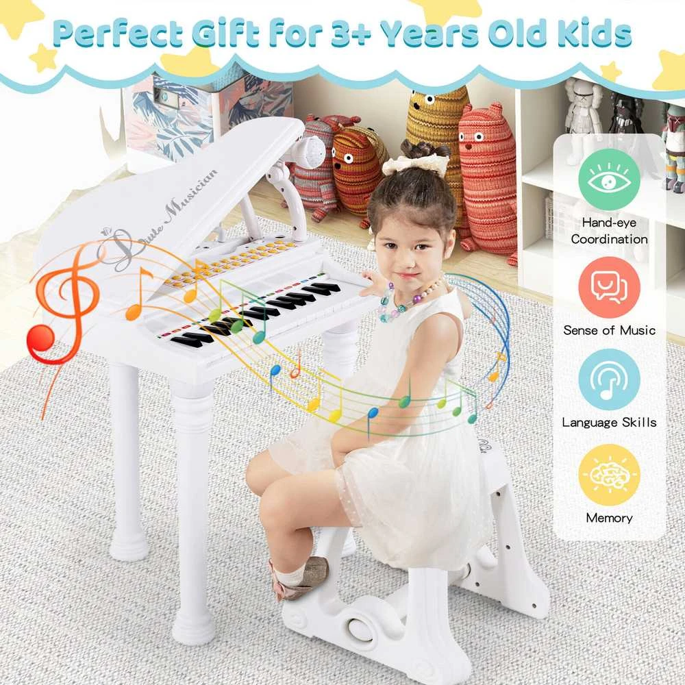 Promotions Vaikiškas pianino klaviatūros komplektas su kėdute ir mikrofonu, 35.6x30.5x54.6 cm, baltas