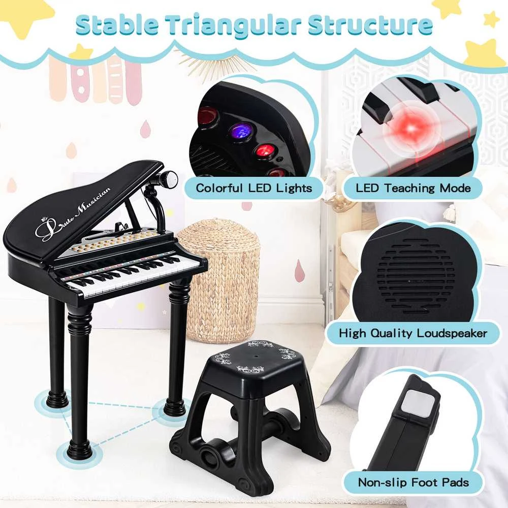 Promotions Vaikiškas pianino klaviatūros komplektas su taburete ir mikrofonu, 35,6x30,5x54,6 cm, juodas