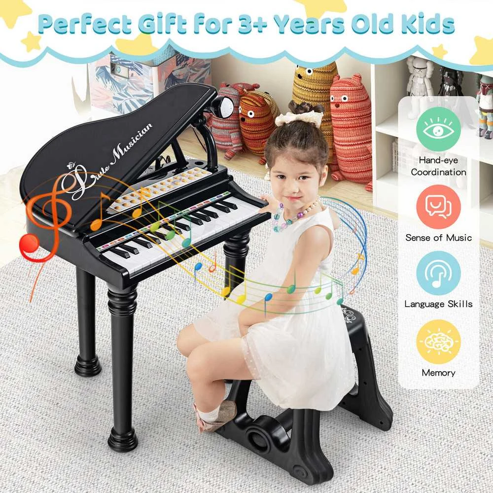 Promotions Vaikiškas pianino klaviatūros komplektas su taburete ir mikrofonu, 35,6x30,5x54,6 cm, juodas