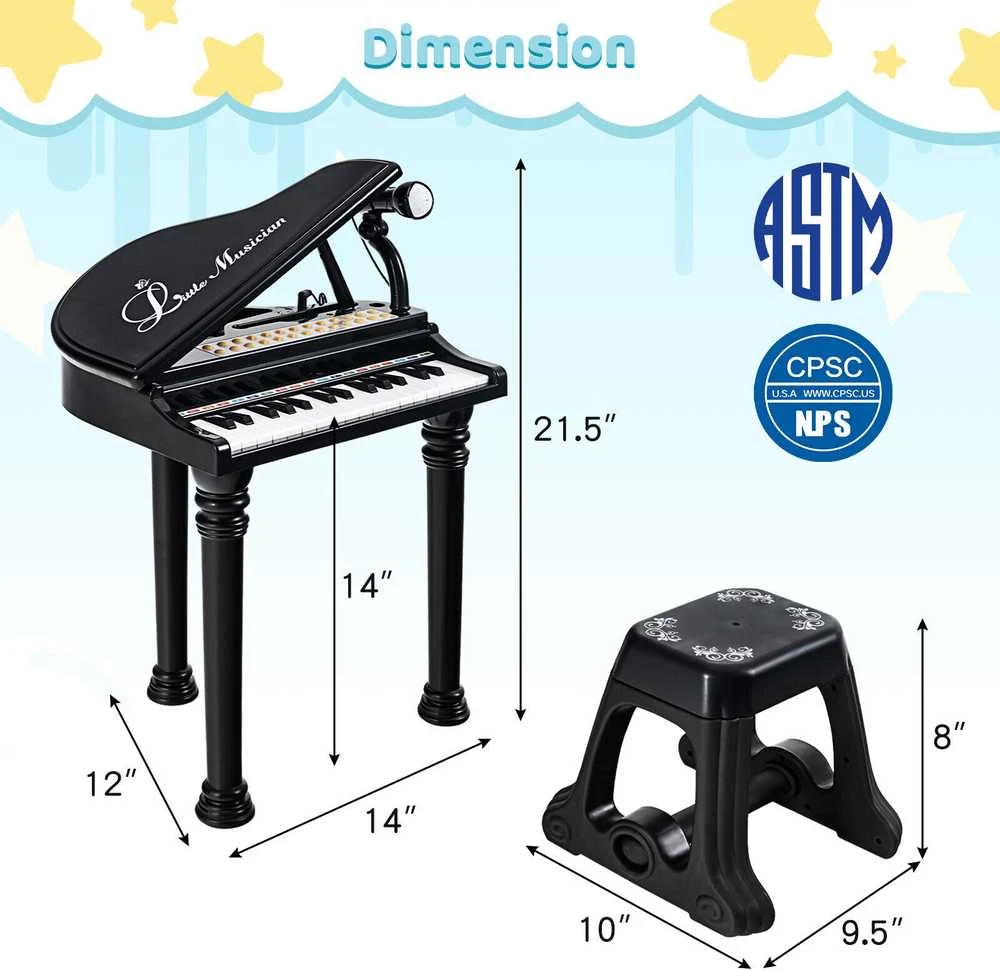 Promotions Vaikiškas pianino klaviatūros komplektas su taburete ir mikrofonu, 35,6x30,5x54,6 cm, juodas