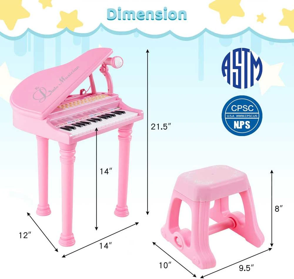 Promotions Vaikiškas pianino klaviatūra su kėdute ir mikrofonu, 35.6x30.5x54.6 cm, rožinė