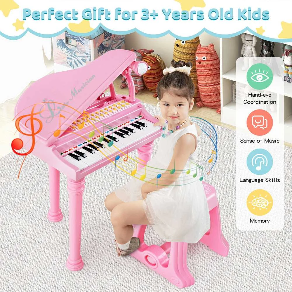 Promotions Vaikiškas pianino klaviatūra su kėdute ir mikrofonu, 35.6x30.5x54.6 cm, rožinė