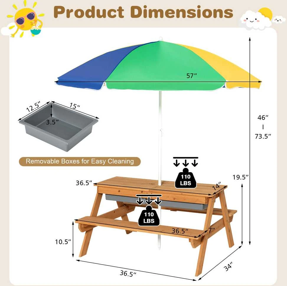 Promotions Vaikų lauko pikniko vandens ir smėlio stalas, 92,7x86,4x49,5 cm, natūrali mėlyna žalia geltona