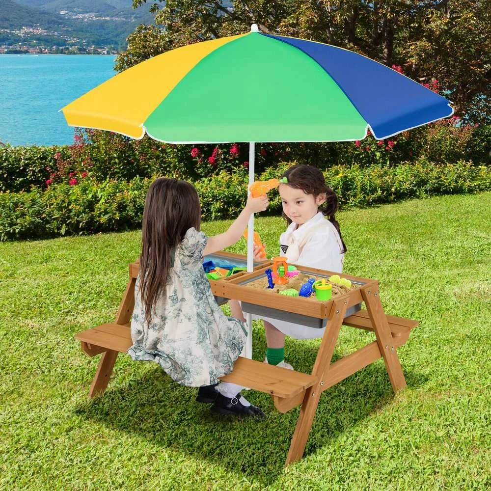 Promotions Vaikų lauko pikniko vandens ir smėlio stalas, 92,7x86,4x49,5 cm, natūrali mėlyna žalia geltona