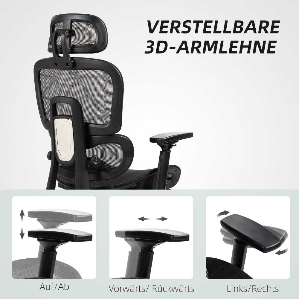 HOMCOM ergonominė biuro kėdė su porankiais, galvos atrama, juosmens atrama, reguliuojamo aukščio tinkline pasukama kėdė su supimosi funkcija, atlošimo funkcija, kojų atrama, juoda