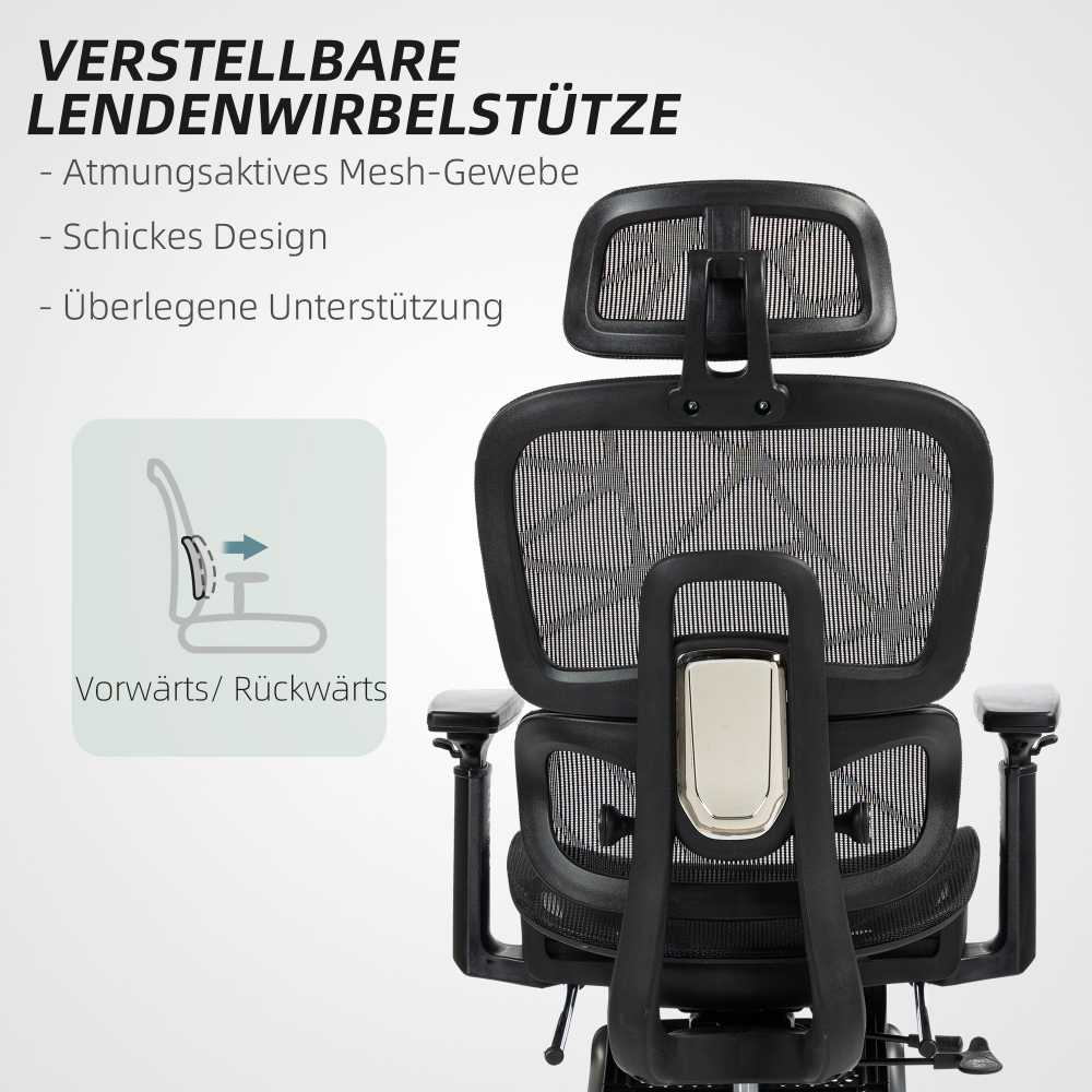 HOMCOM ergonominė biuro kėdė su porankiais, galvos atrama, juosmens atrama, reguliuojamo aukščio tinkline pasukama kėdė su supimosi funkcija, atlošimo funkcija, kojų atrama, juoda