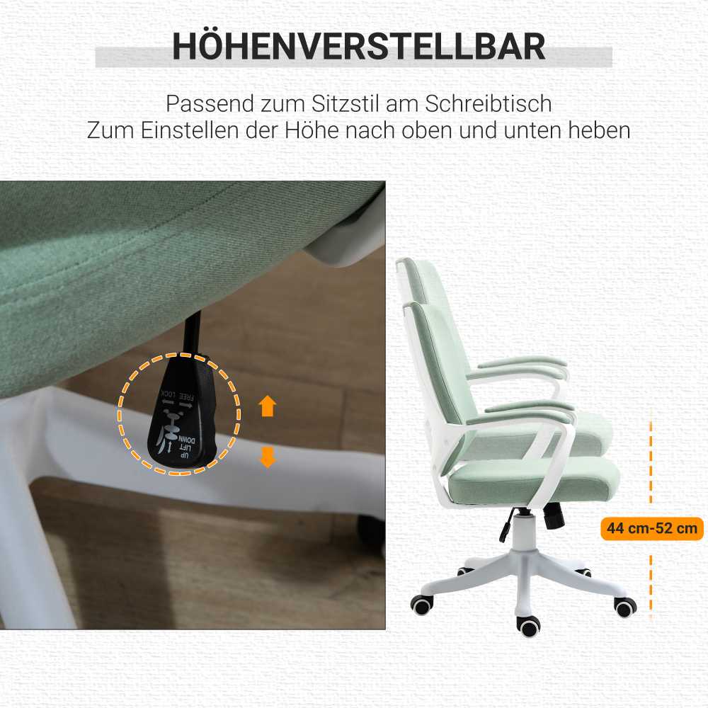 Vinsetto biuro kėdė su supimosi funkcija, ergonomiška nugaros atrama, paminkštinta sėdynė, 360° ratukai, poliesteris, žalia ir balta, 62x69x92-100 cm
