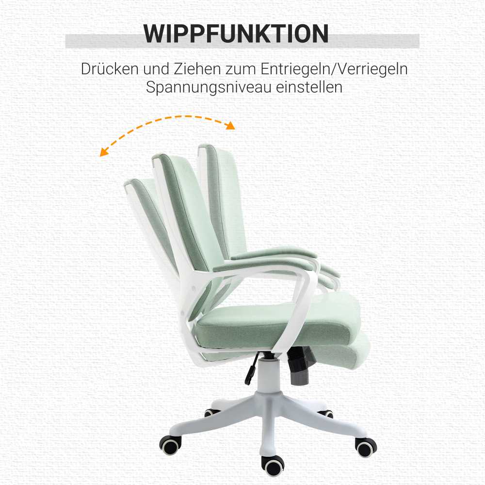 Vinsetto biuro kėdė su supimosi funkcija, ergonomiška nugaros atrama, paminkštinta sėdynė, 360° ratukai, poliesteris, žalia ir balta, 62x69x92-100 cm