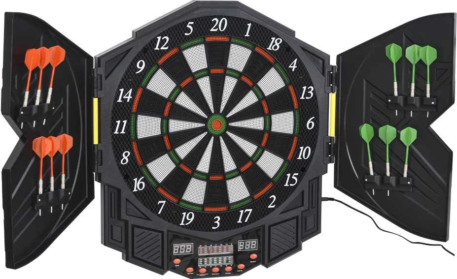 HOMCOM elektroninis smiginio taikinys su durelėmis, 4 LED ekranai, 216 žaidimų, 12 strėlyčių, iki 8 žaidėjų, ABS + PP, 49 x 54,6 x 5,5 cm