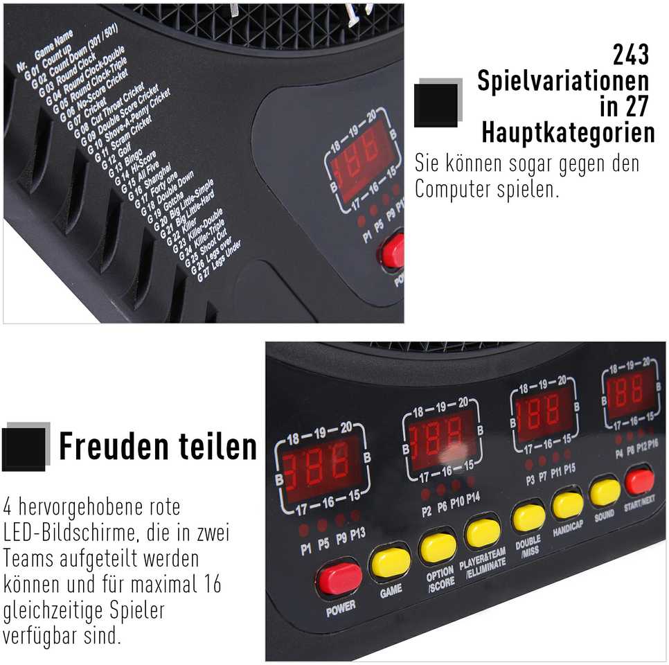 HOMCOM elektroninis smiginio taikinys, smiginio rinkinys su 6 smiginiosi, 24 antgaliais, 27 žaidimais, 243 žaidimo variantais, skirtas 16 žaidėjų, 44 x 51,5 x 3,2 cm