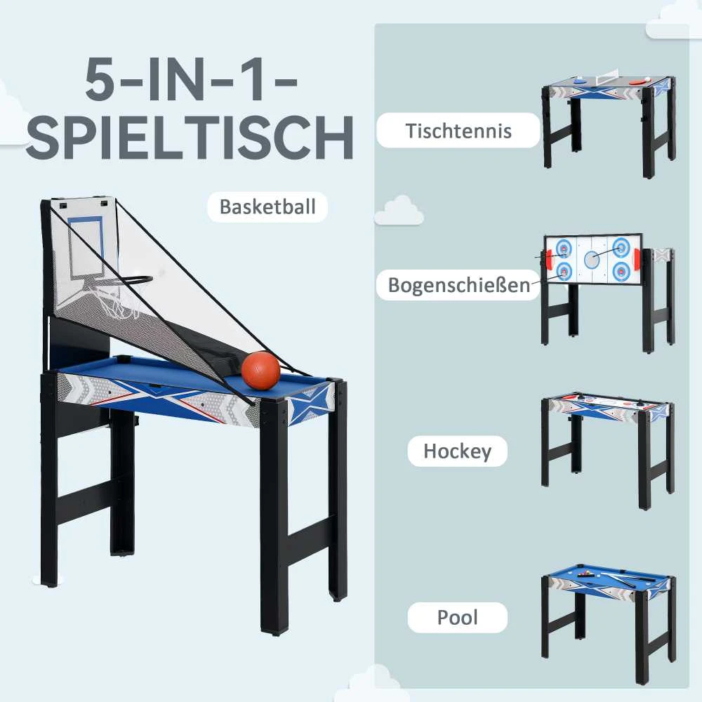SPORTNOW 5-in-1 daugiafunkcis žaidimų stalas, įskaitant biliardą, stalo tenisą, hokį, krepšinį, šaudymą iš lanko, žaidimų stalas su priedais, lankas ir strėlės, 91 x 45,5 x 76 cm