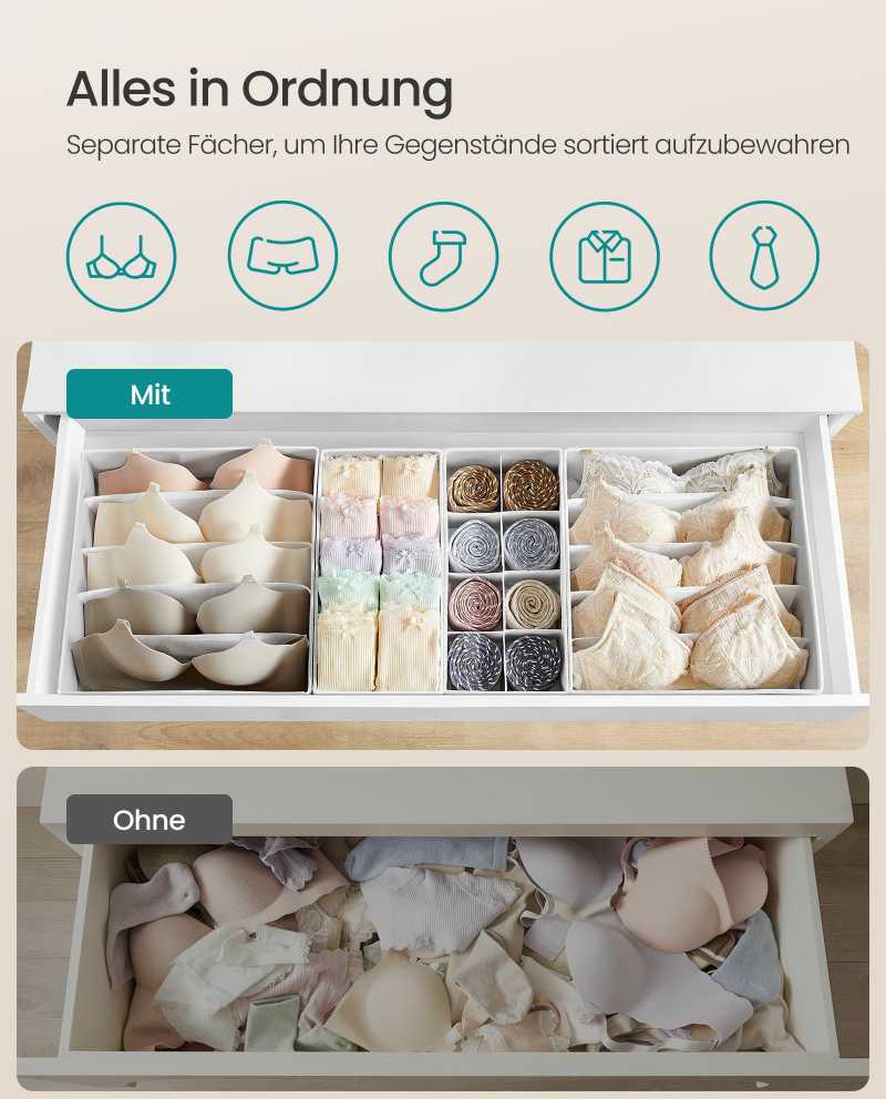 SONGMICS stalčių organizatorių rinkinys, 8 vnt., lankstomos pertvaros apatiniams, biustonams ir kojinėms, balti, RUS008W01
