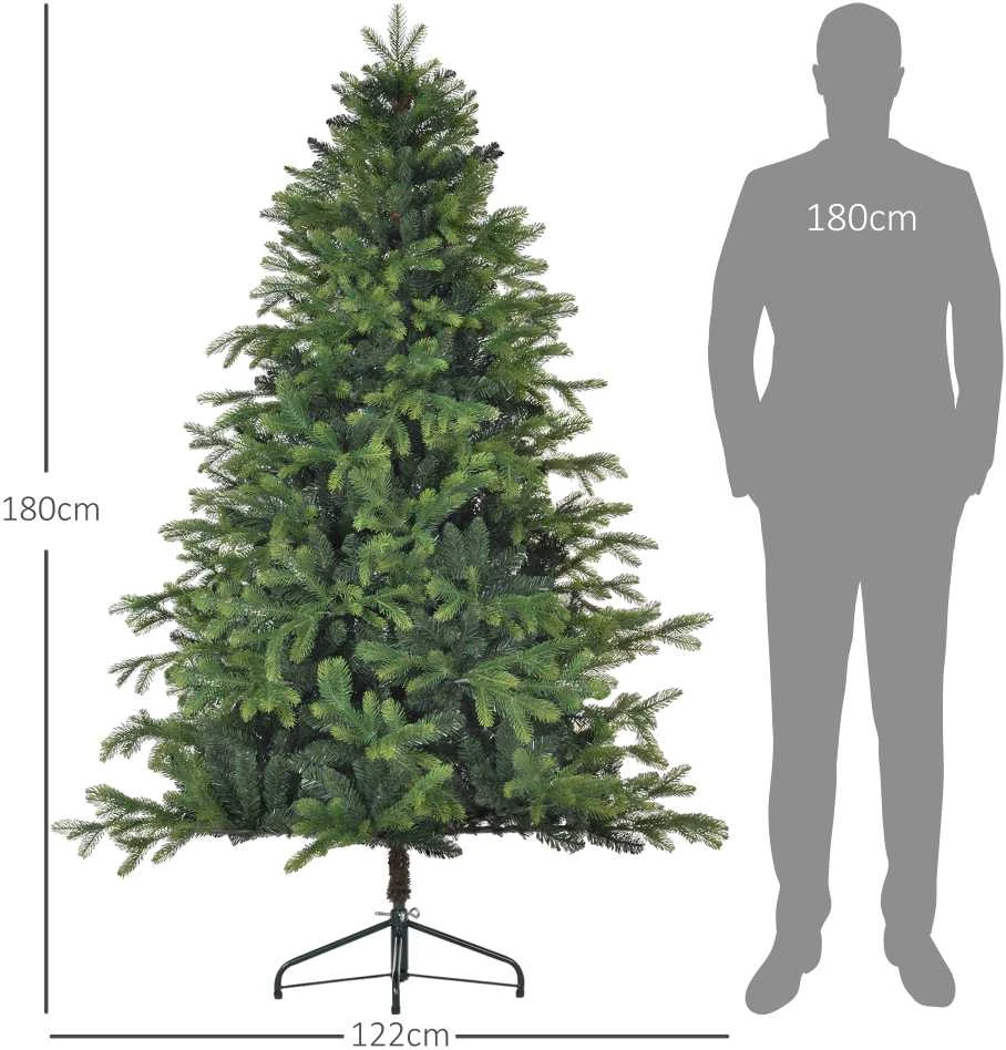 Dirbtinė Kalėdų eglutė HOMCOM, 180 cm, su 1700 šakų, plati, su sulankstomu metaliniu stovu, kalėdiniam dekorui, žalia