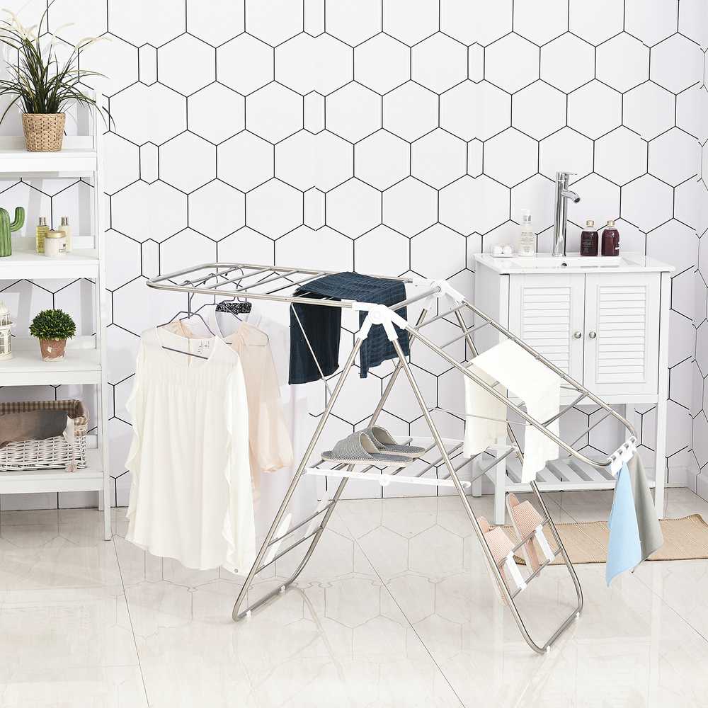 HOMCOM sulankstoma nešiojama skalbinių džiovyklė, sparnuota, teleskopiniai strypai, nerūdijantis plienas/plastikas, sidabrinė ir balta, 146x60,5x98 cm