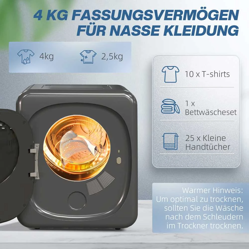HOMCOM mini drabužių džiovyklė su 6 programomis, LED jutikliniu ekranu, 4kg talpa, iki 60℃, 800 W, pastatoma arba montuojama ant sienos, ventiliuojama, su apsauga nuo perkaitimo, pilka