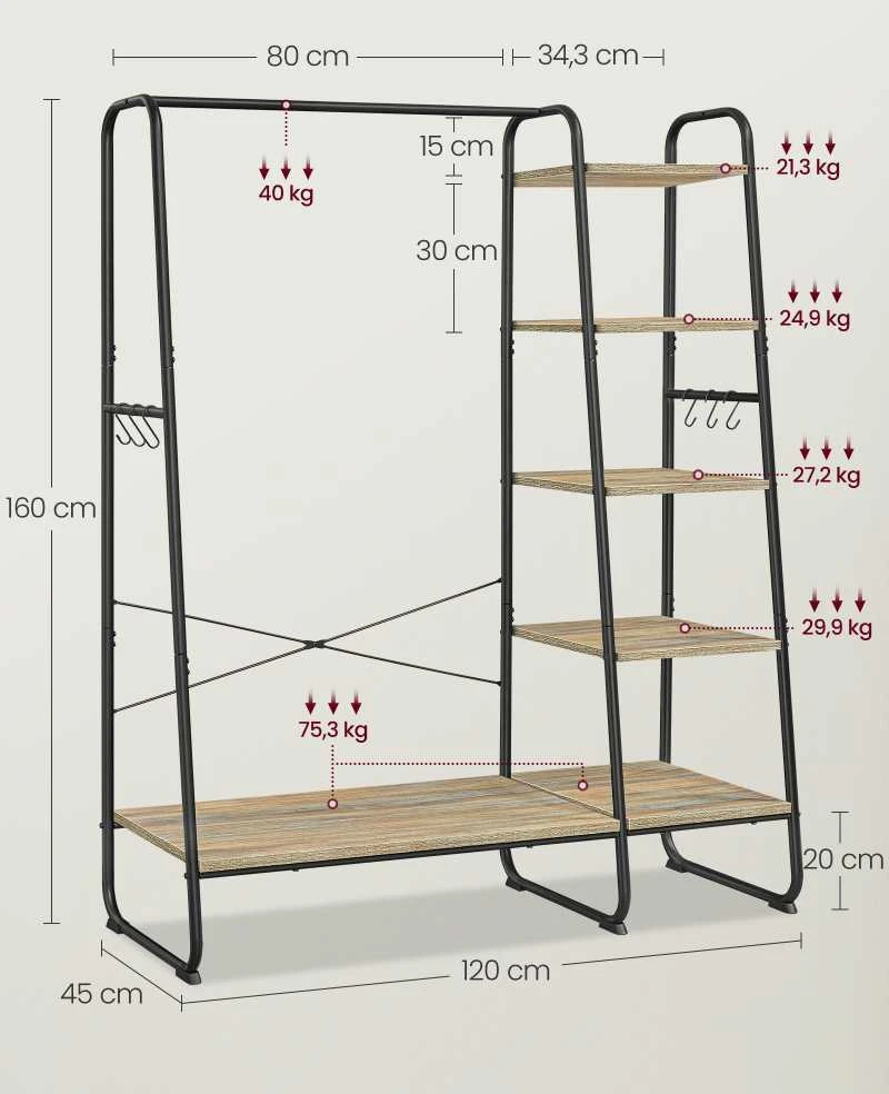Songmics Drabužių stovas, 45x120x160 cm, turkio rudos spalvos