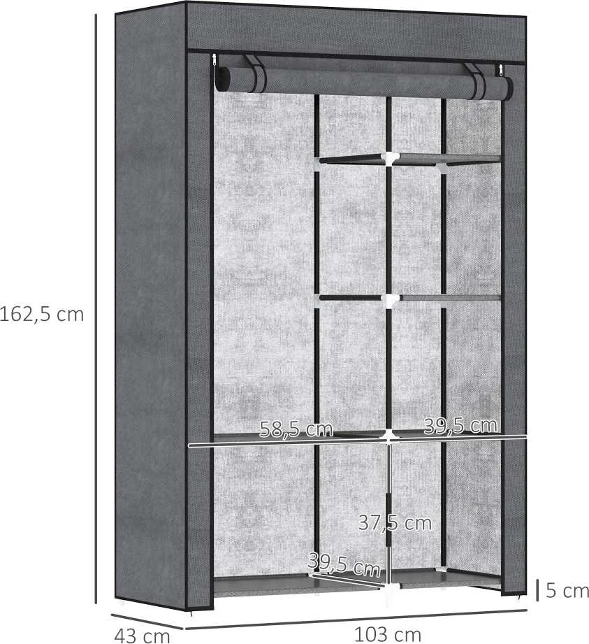 HOMCOM medžiaginė spinta drabužiams su kabykla, 6 skyriai, sulankstoma neaustinės medžiagos spinta, spinta miegamajam, prieškambariui, tamsiai pilka, 103 x 43 x 162,5 cm