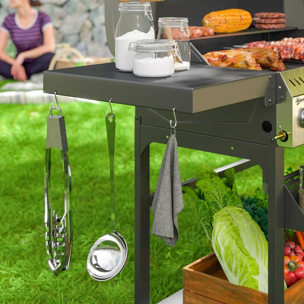 Outsunny dujinis grilis, 12 kW, 4+1 degikliai, nerūdijančio plieno grilio vežimėlis su šoniniu degikliu, termometru, grotelėmis, kaitlente, butelių atidarytuvu ir šoninėmis lentynomis, dujinis grilis balkonui, stovyklavimui, 135 x 55 x 103 cm